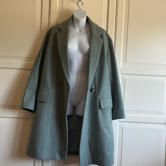 Club Monaco Relaxed Double-Breasted Wool Blend Coat Green Size L Oversize - Picture 11 of 13